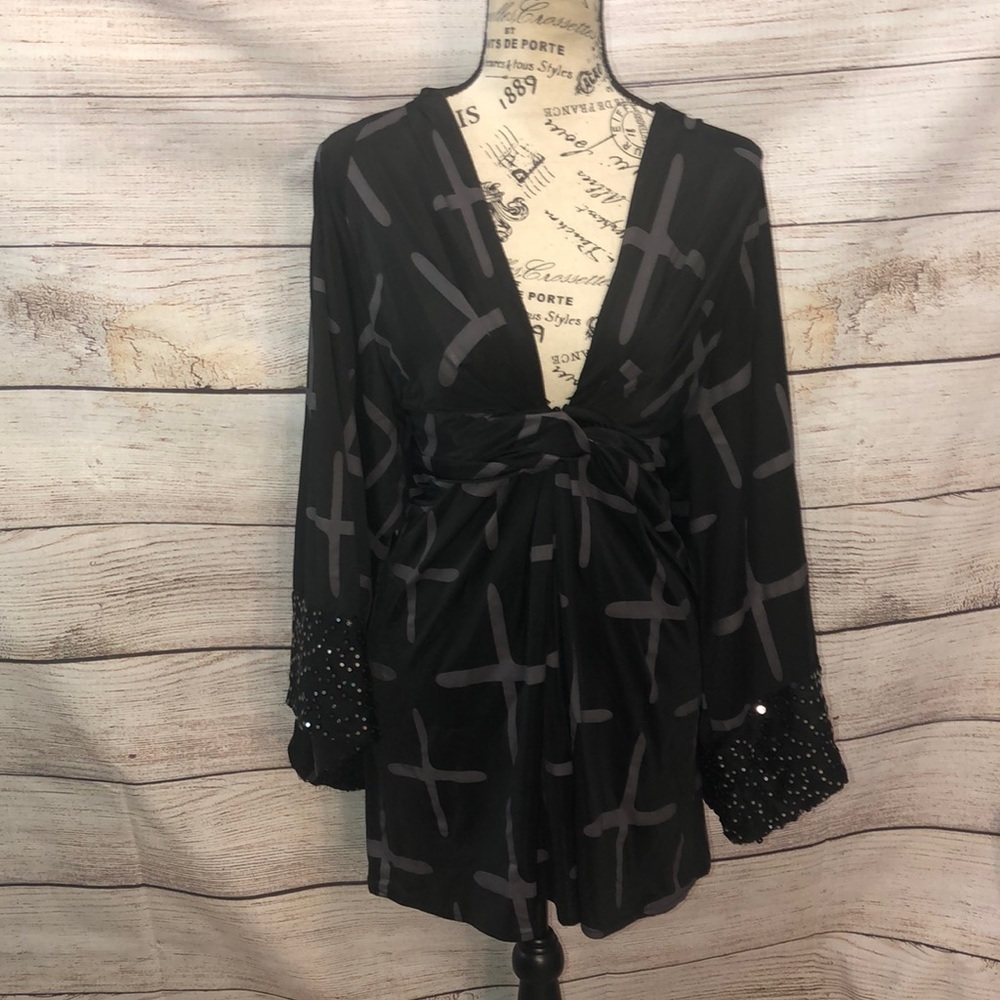 Narcisa Lang Dress Sequin Sleeves V-Neck Belted Size Small